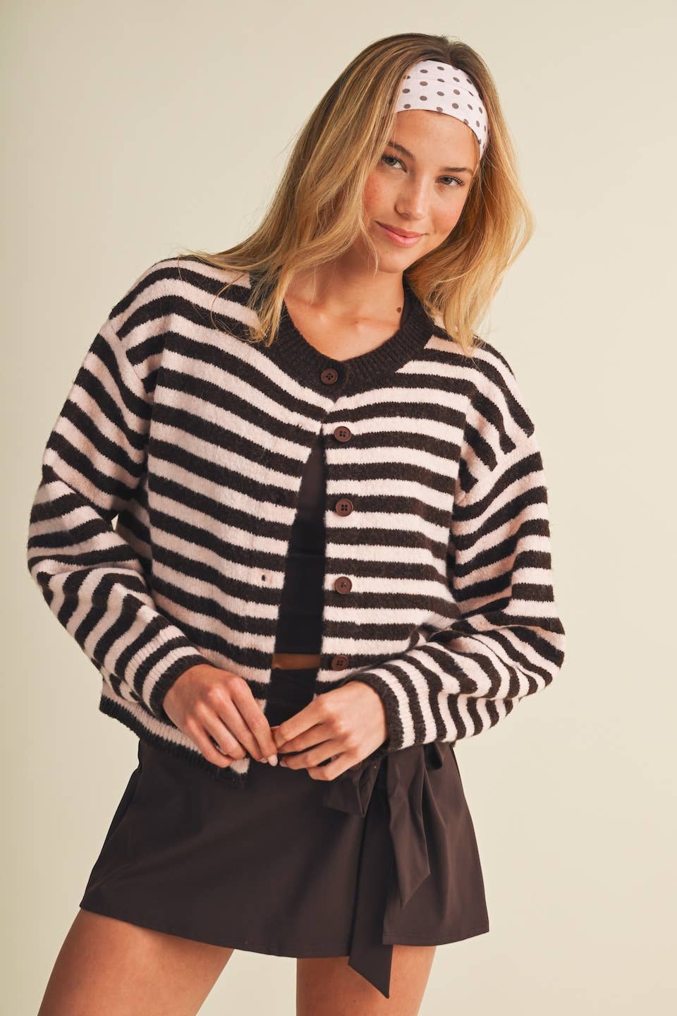 Mocha Striped Button Up Cardigan Sweater