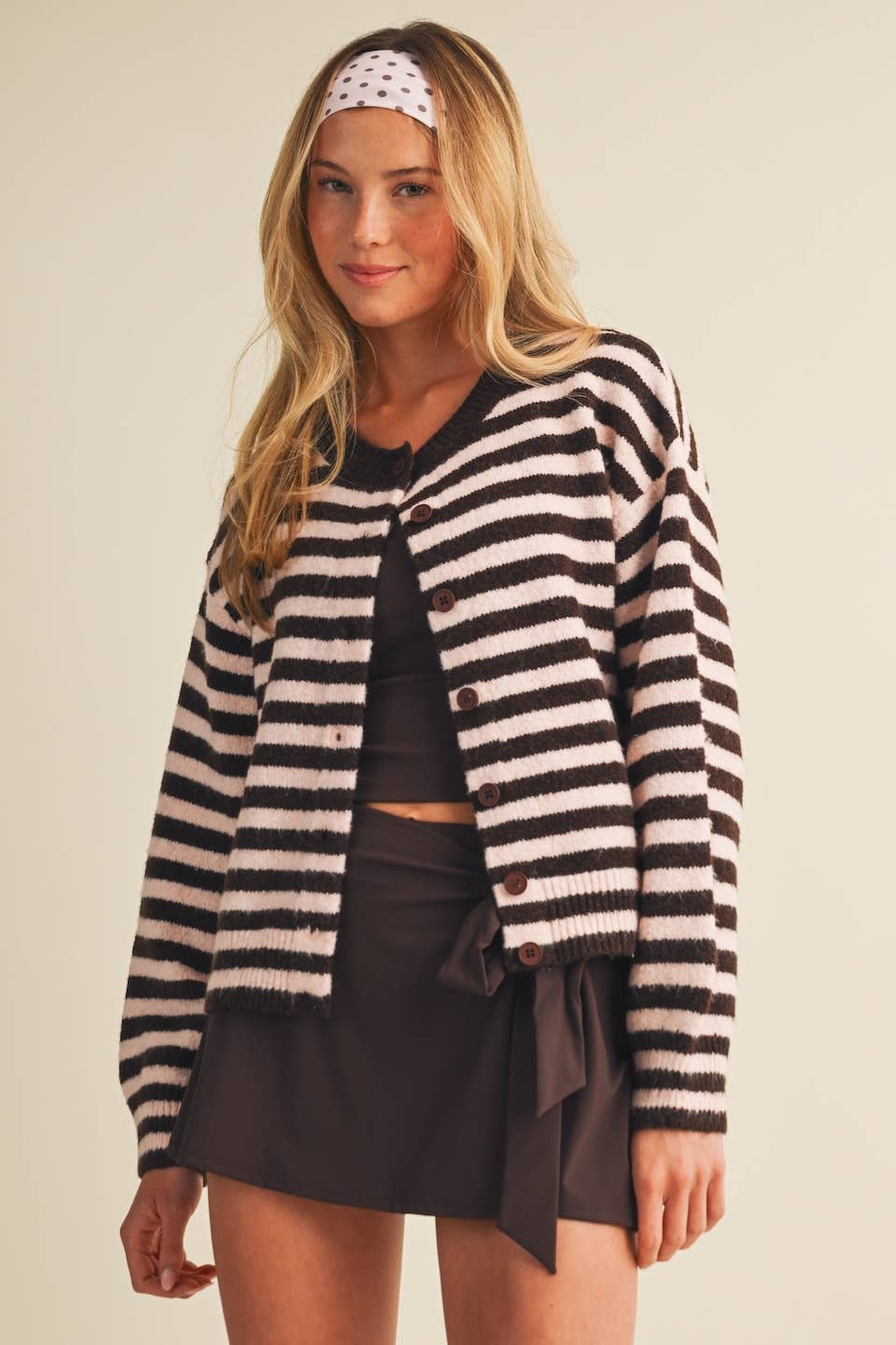 Mocha Striped Button Up Cardigan Sweater