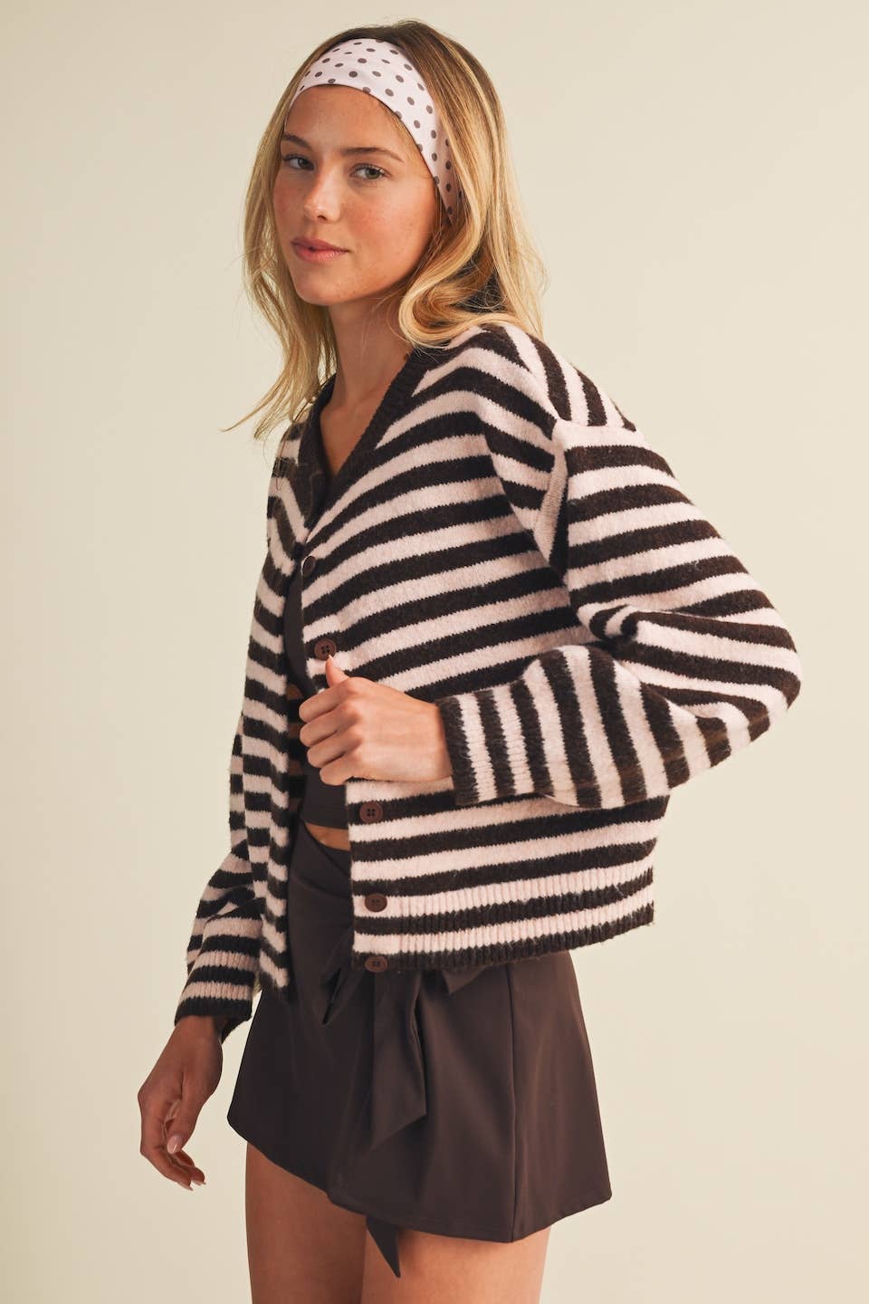 Mocha Striped Button Up Cardigan Sweater