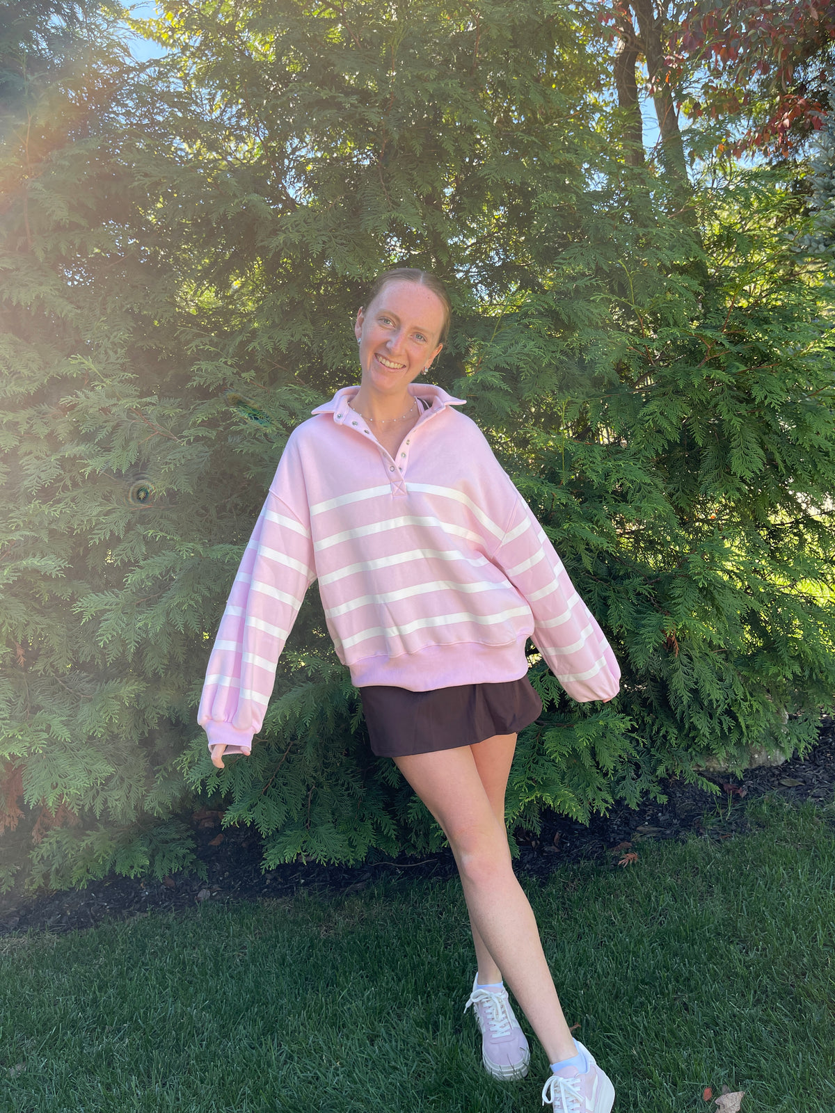 Baby Pink Striped Button-up Sweatshirt